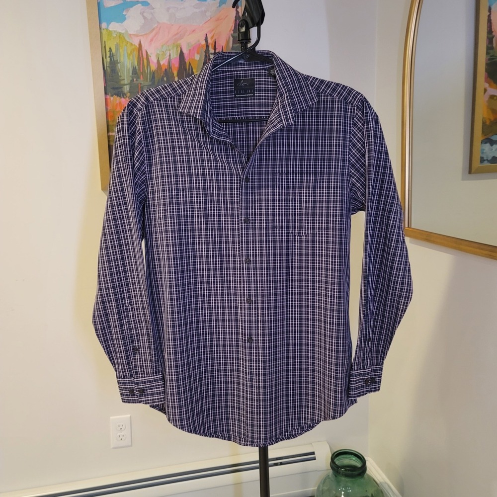Greg Norman Mens Performance Stretch Button Down Shirt Navy Pink Grid Medium